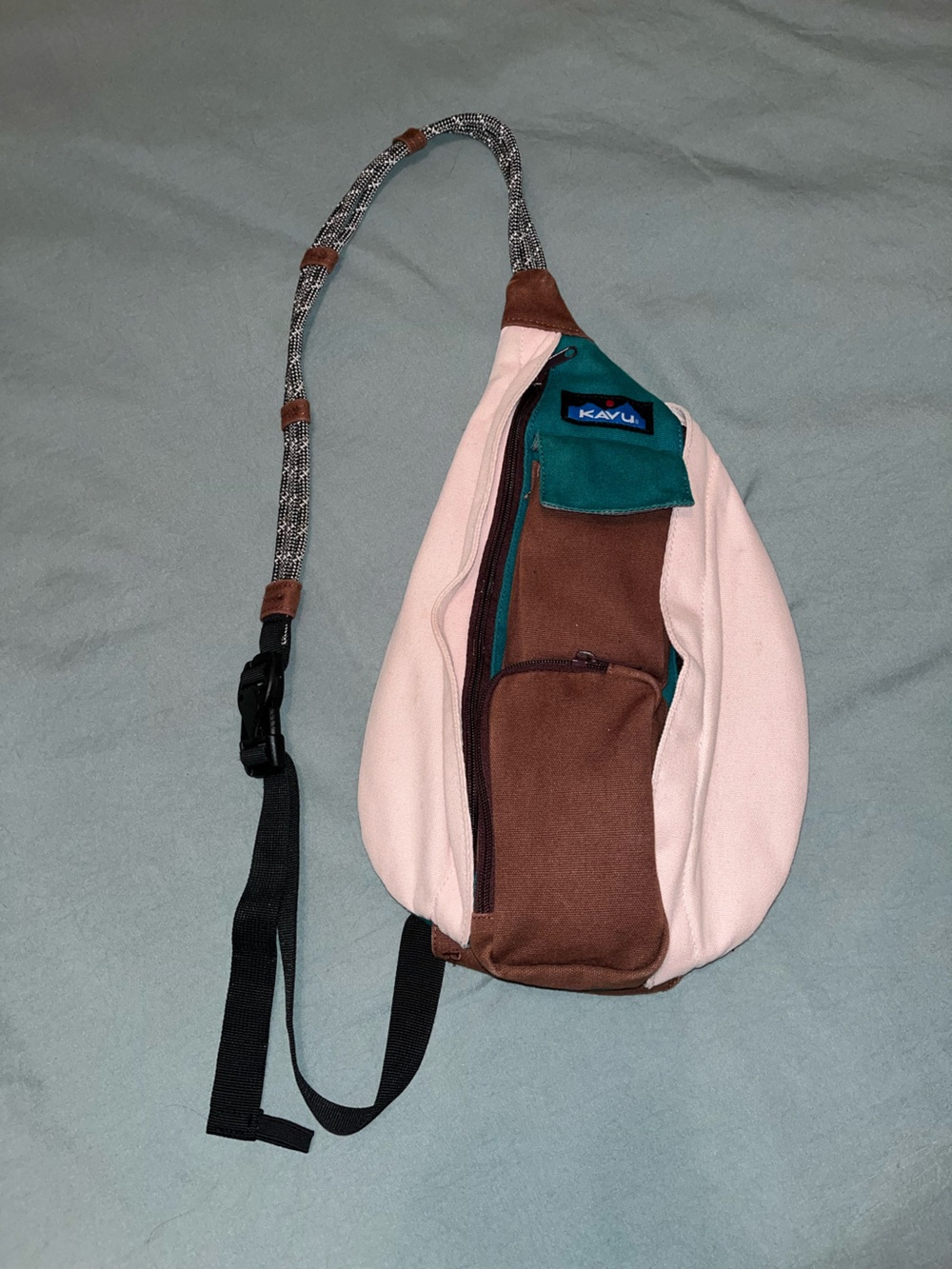 Kavu Rope Sling Pack in Light Pink, Brown & Teal